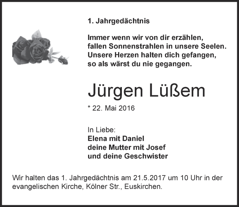  Traueranzeige für Jürgen Lüßem vom 20.05.2017 aus  Blickpunkt Euskirchen 