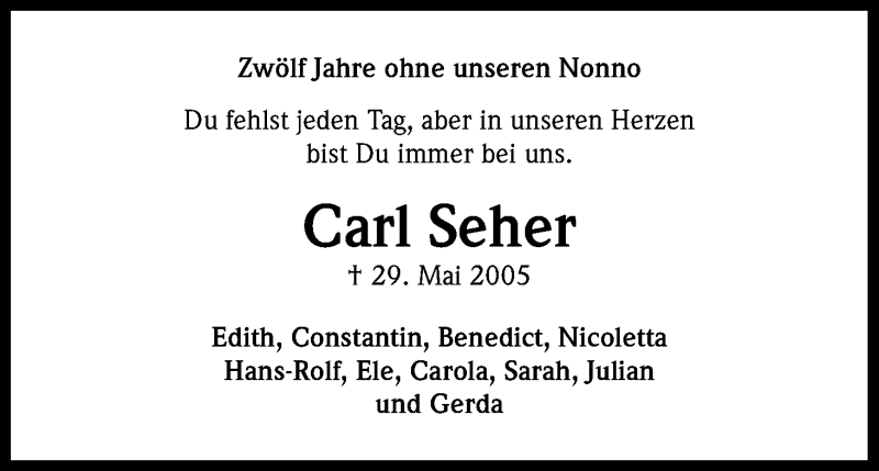  Traueranzeige für Carl Seher vom 29.05.2017 aus Kölner Stadt-Anzeiger / Kölnische Rundschau / Express