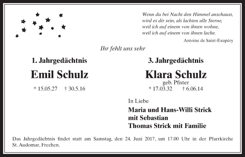  Traueranzeige für Klara Schulz vom 17.06.2017 aus  Sonntags-Post 