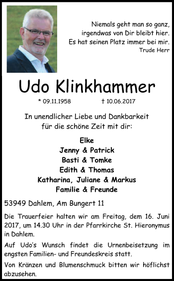 Anzeige von Udo Klinkhammer von Kölner Stadt-Anzeiger / Kölnische Rundschau / Express