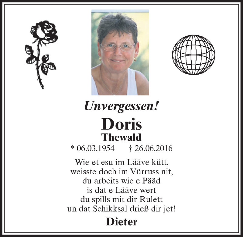  Traueranzeige für Doris Thewald vom 21.06.2017 aus  Schlossbote/Werbekurier 