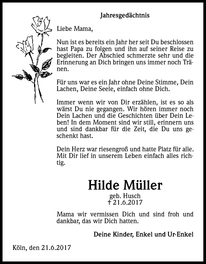  Traueranzeige für Hilde Müller vom 21.06.2017 aus Kölner Stadt-Anzeiger / Kölnische Rundschau / Express
