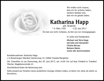 Anzeige von Katharina Happ von Kölner Stadt-Anzeiger / Kölnische Rundschau / Express