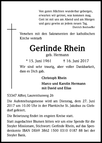 Anzeige von Gerlinde Rhein von Kölner Stadt-Anzeiger / Kölnische Rundschau / Express