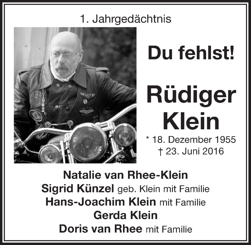  Traueranzeige für Rüdiger Klein vom 21.06.2017 aus  Lokalanzeiger 