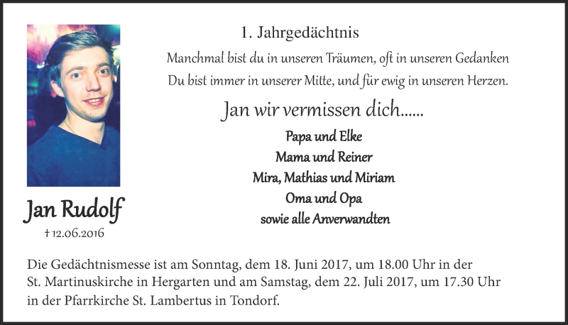  Traueranzeige für Jan Rudolf vom 14.06.2017 aus  Werbepost 