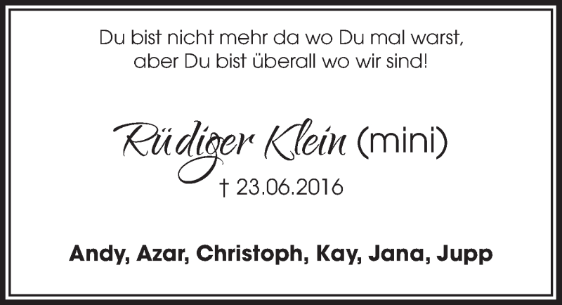  Traueranzeige für Rüdiger Klein vom 21.06.2017 aus  Lokalanzeiger 