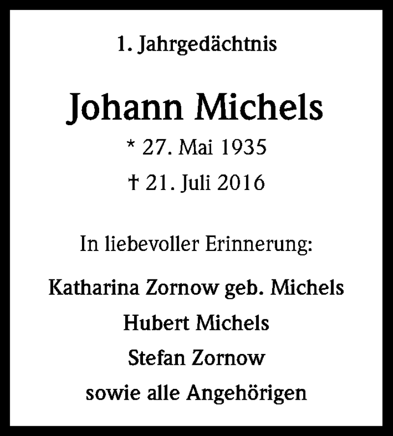  Traueranzeige für Johann Michels vom 15.07.2017 aus Kölner Stadt-Anzeiger / Kölnische Rundschau / Express