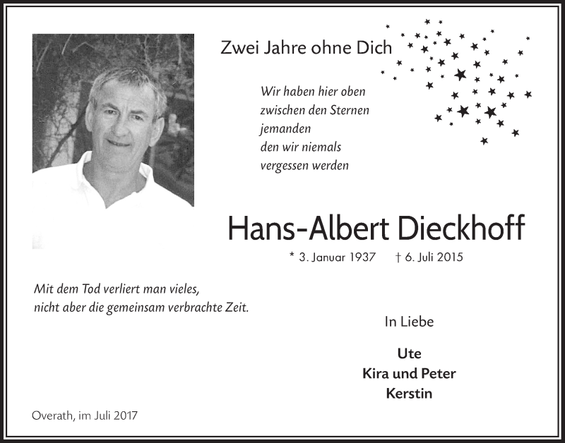  Traueranzeige für Hans-Albert Dieckhoff vom 05.07.2017 aus  Bergisches Handelsblatt 