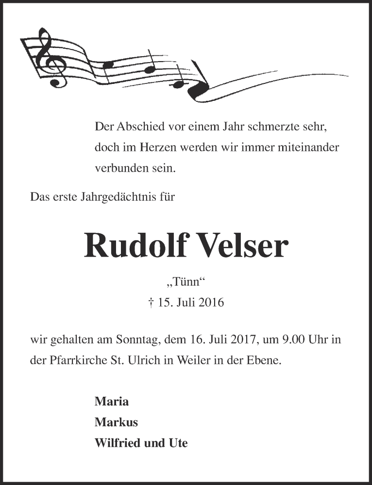  Traueranzeige für Rudolf Velser vom 08.07.2017 aus  Blickpunkt Euskirchen 