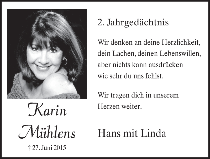  Traueranzeige für Karin Mühlens vom 05.07.2017 aus  Schlossbote/Werbekurier 
