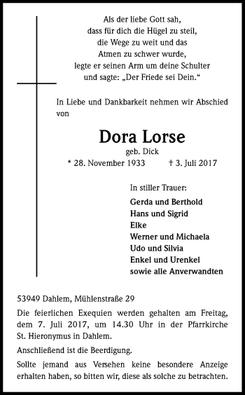 Anzeige von Dora Lorse von Kölner Stadt-Anzeiger / Kölnische Rundschau / Express
