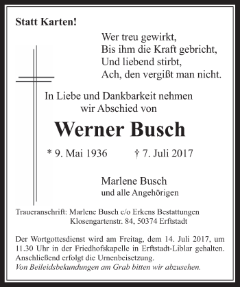 Anzeige von Werner Busch von  Werbepost 