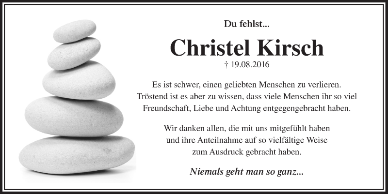  Traueranzeige für Christel Kirsch vom 16.08.2017 aus  Lokalanzeiger 