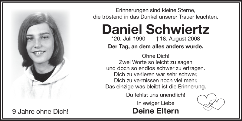  Traueranzeige für Daniel Schwiertz vom 23.08.2017 aus  Bergisches Handelsblatt 