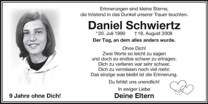  Traueranzeige für Daniel Schwiertz vom 26.08.2017 aus  Bergisches Sonntagsblatt 