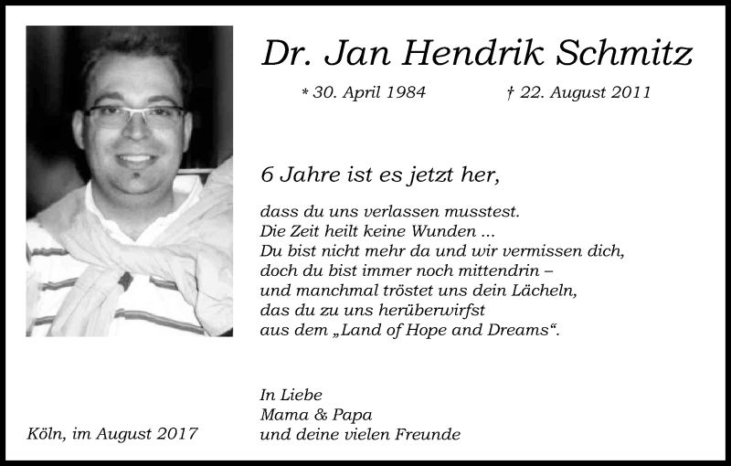  Traueranzeige für Jan Hendrik Schmitz vom 22.08.2017 aus Kölner Stadt-Anzeiger / Kölnische Rundschau / Express
