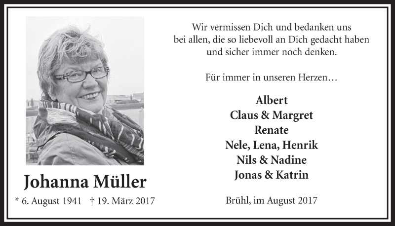  Traueranzeige für Johanna Müller vom 02.08.2017 aus  Schlossbote/Werbekurier 