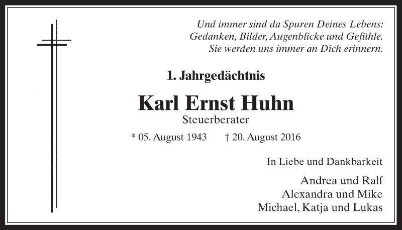  Traueranzeige für Karl Ernst Huhn vom 23.08.2017 aus  Werbepost 