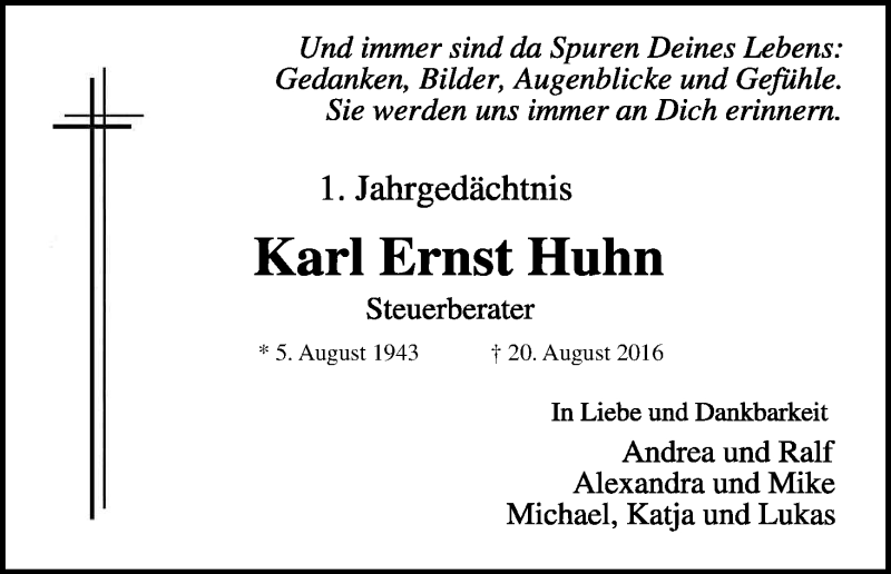  Traueranzeige für Karl Ernst Huhn vom 19.08.2017 aus Kölner Stadt-Anzeiger / Kölnische Rundschau / Express
