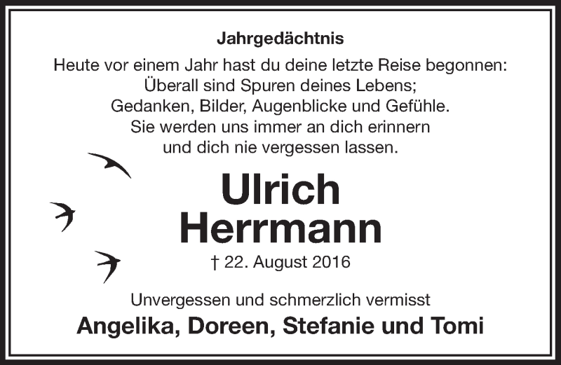  Traueranzeige für Ulrich Herrmann vom 23.08.2017 aus  Anzeigen Echo 