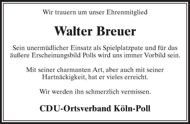  Traueranzeige für Walter Breuer vom 16.08.2017 aus  Kölner Wochenspiegel 