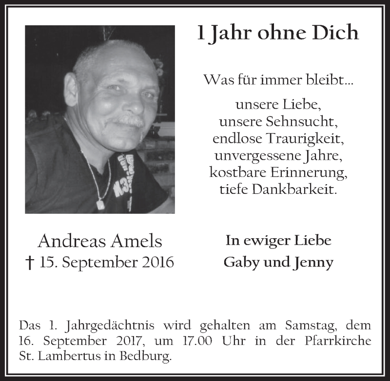  Traueranzeige für Andreas Amels vom 13.09.2017 aus  Werbepost 