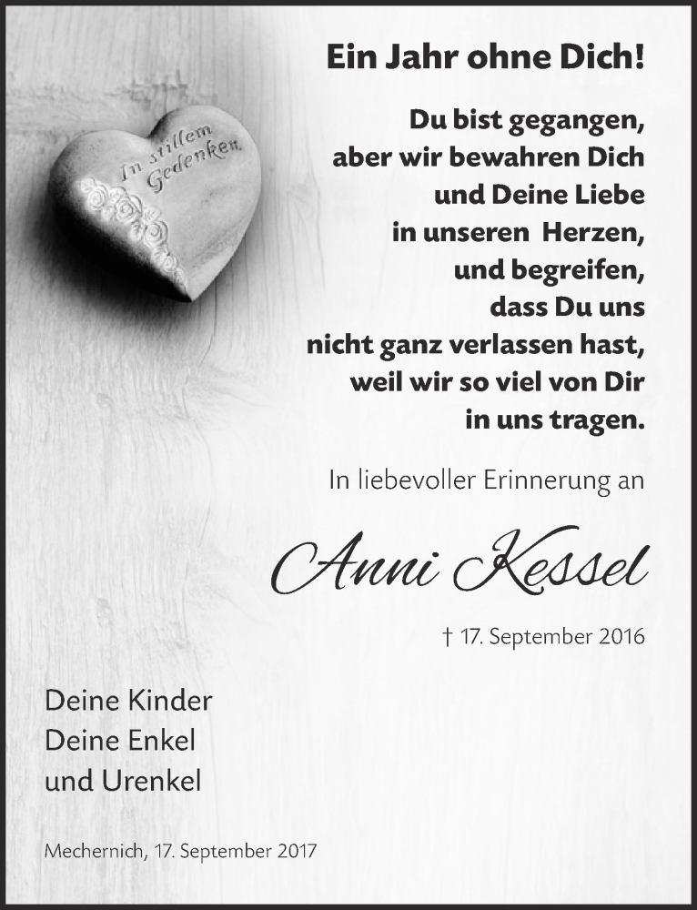  Traueranzeige für Anni Kessel vom 16.09.2017 aus  Blickpunkt Euskirchen 