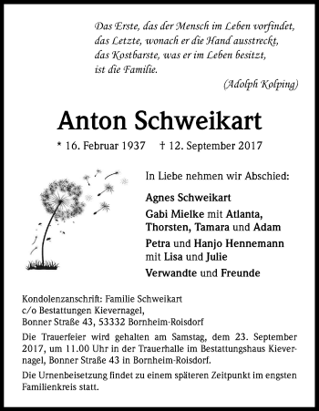 Anzeige von Anton Schweikart von Kölner Stadt-Anzeiger / Kölnische Rundschau / Express