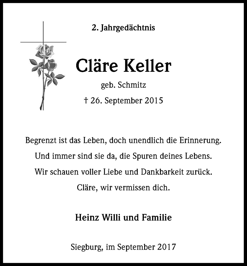  Traueranzeige für Cläre Keller vom 26.09.2017 aus Kölner Stadt-Anzeiger / Kölnische Rundschau / Express