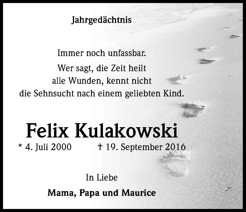  Traueranzeige für Felix Kulakowski vom 19.09.2017 aus Kölner Stadt-Anzeiger / Kölnische Rundschau / Express
