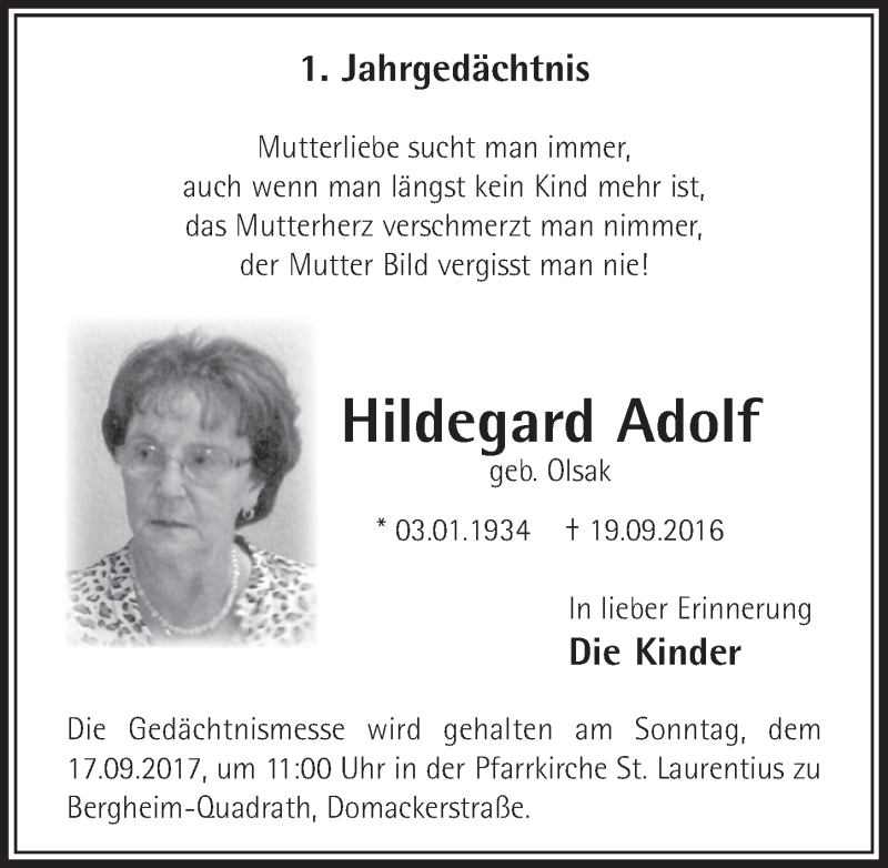  Traueranzeige für Hildegard Adolf vom 09.09.2017 aus  Sonntags-Post 