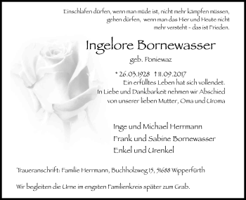 Anzeige von Ingelore Bornewasser von Kölner Stadt-Anzeiger / Kölnische Rundschau / Express