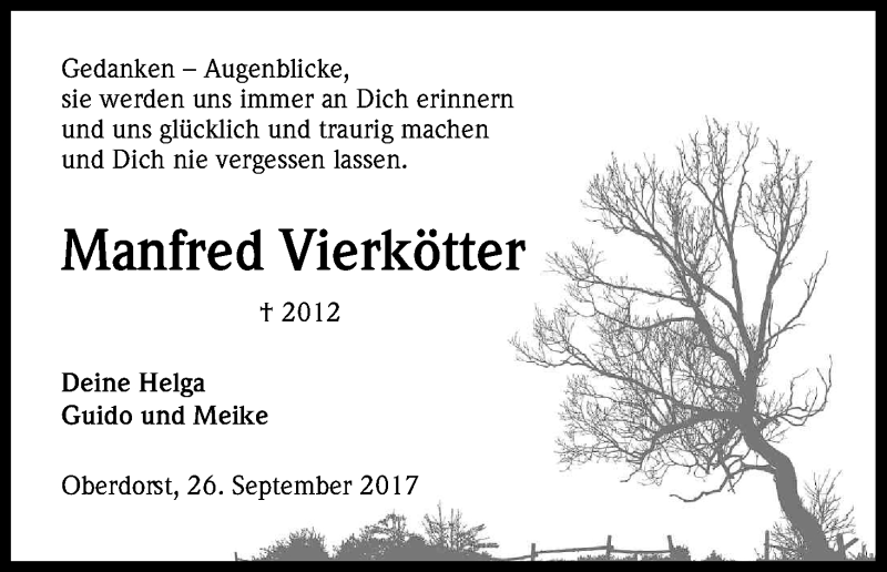  Traueranzeige für Manfred Vierkötter vom 26.09.2017 aus Kölner Stadt-Anzeiger / Kölnische Rundschau / Express