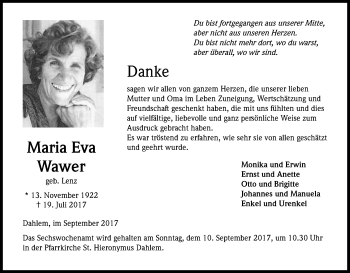 Anzeige von Maria Eva Wawer von Kölner Stadt-Anzeiger / Kölnische Rundschau / Express