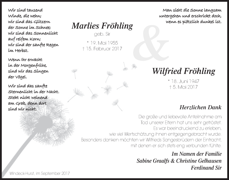  Traueranzeige für Marlies Fröhling vom 06.09.2017 aus  Lokalanzeiger 