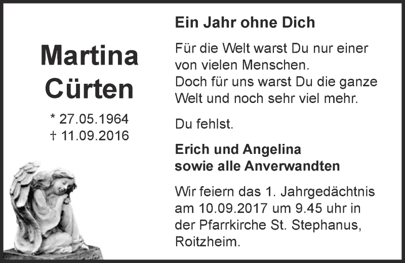  Traueranzeige für Martina Cürten vom 02.09.2017 aus  Blickpunkt Euskirchen 