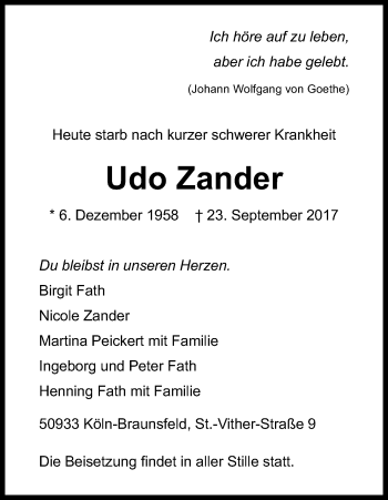Anzeige von Udo Zander von Kölner Stadt-Anzeiger / Kölnische Rundschau / Express