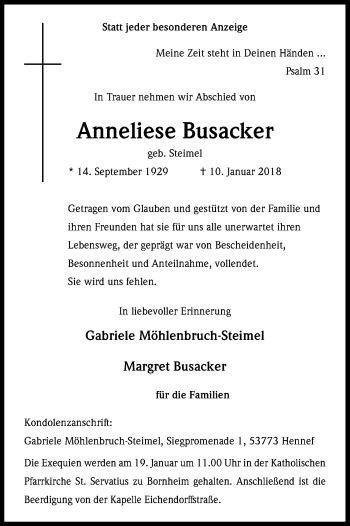 Anzeige von Anneliese Busacker von Kölner Stadt-Anzeiger / Kölnische Rundschau / Express