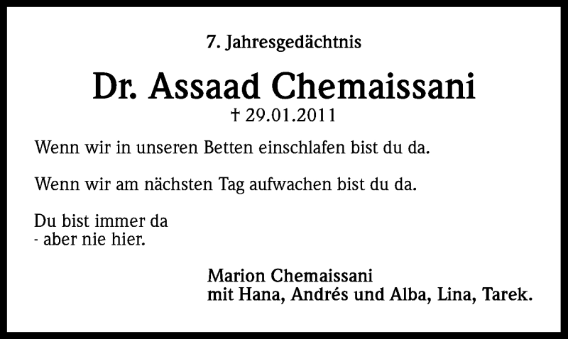  Traueranzeige für Assaad Chemaissani vom 29.01.2018 aus Kölner Stadt-Anzeiger / Kölnische Rundschau / Express
