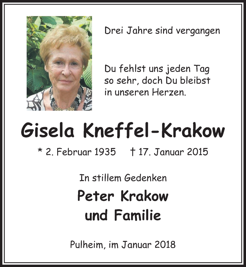  Traueranzeige für Gisela Kneffel-Krakow vom 20.01.2018 aus  Sonntags-Post 