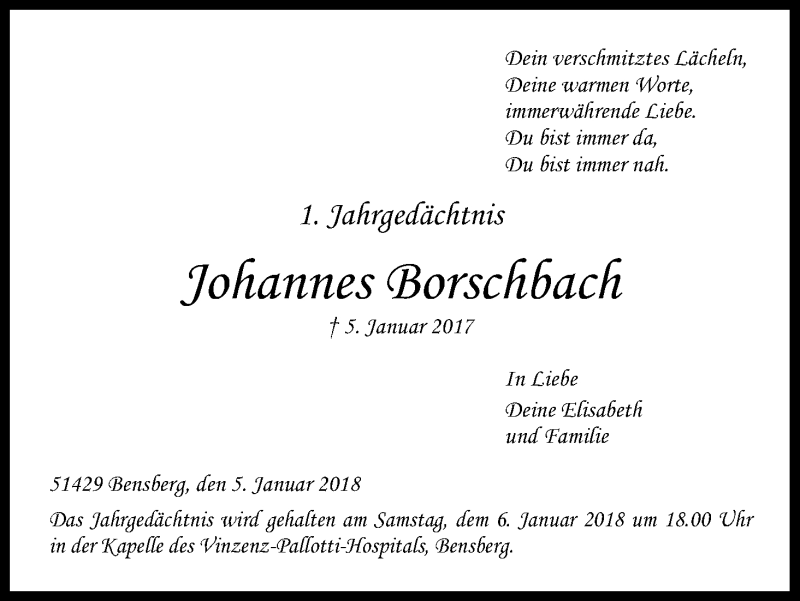  Traueranzeige für Johannes Borschbach vom 05.01.2018 aus Kölner Stadt-Anzeiger / Kölnische Rundschau / Express