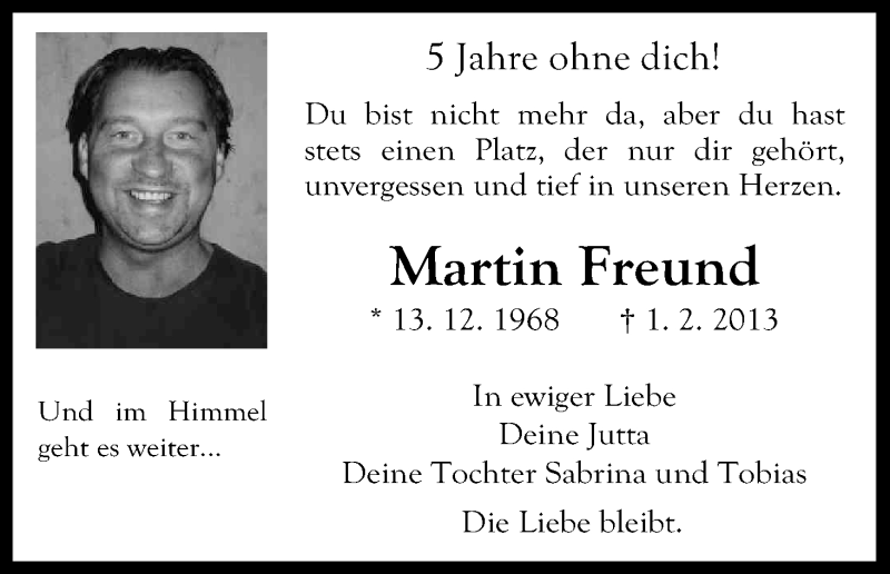  Traueranzeige für Martin Freund vom 01.02.2018 aus Kölner Stadt-Anzeiger / Kölnische Rundschau / Express