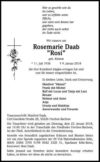 Anzeige von Rosemarie Daab von Kölner Stadt-Anzeiger / Kölnische Rundschau / Express