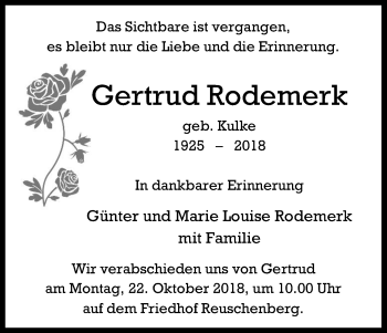 Anzeige von Gertrud Rodemerk von Kölner Stadt-Anzeiger / Kölnische Rundschau / Express