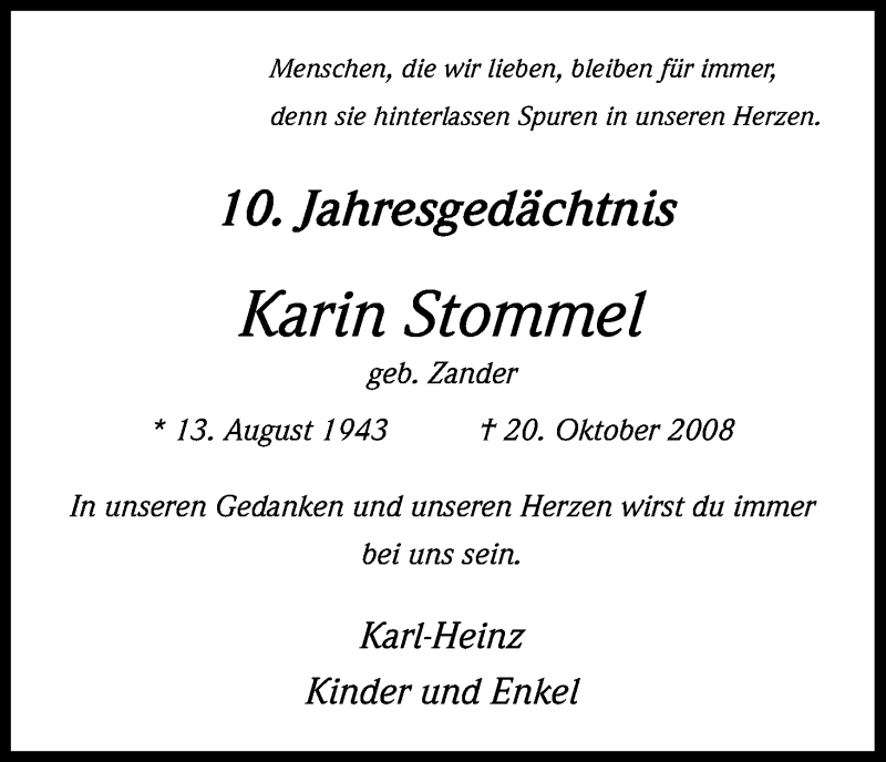  Traueranzeige für Karin Stommel vom 20.10.2018 aus Kölner Stadt-Anzeiger / Kölnische Rundschau / Express