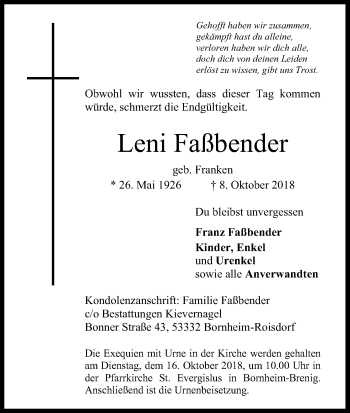 Anzeige von Leni Faßbender von Kölner Stadt-Anzeiger / Kölnische Rundschau / Express