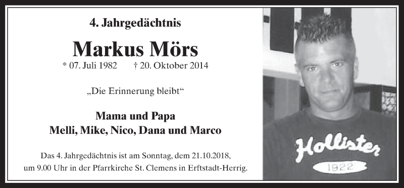  Traueranzeige für Markus Mörs vom 17.10.2018 aus  Werbepost 