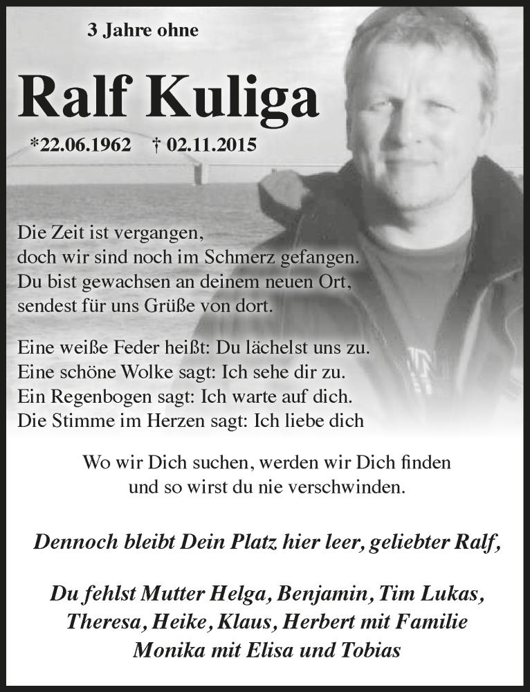  Traueranzeige für Ralf Kuliga vom 31.10.2018 aus  Anzeigen Echo 