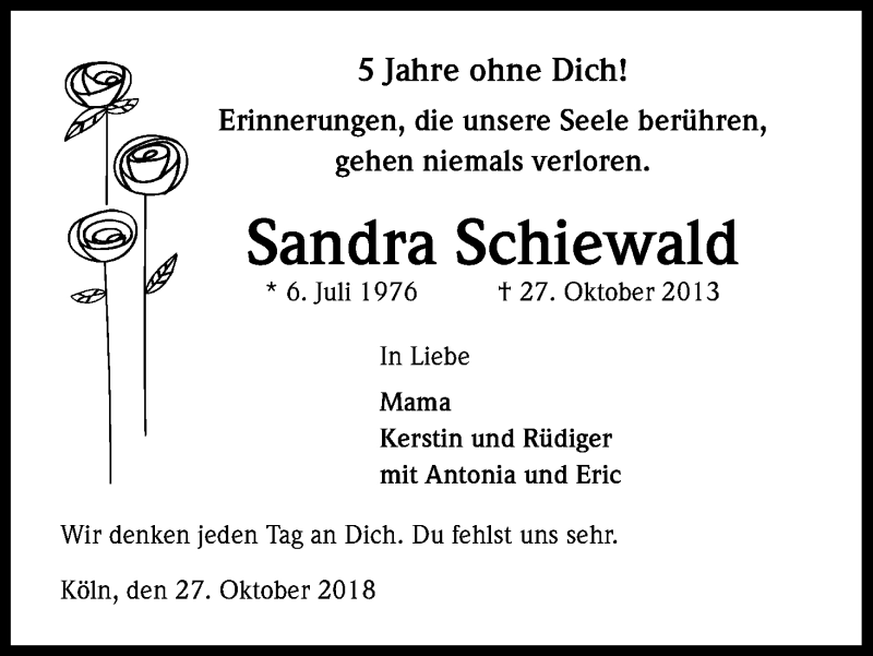  Traueranzeige für Sandra Schiewald vom 27.10.2018 aus Kölner Stadt-Anzeiger / Kölnische Rundschau / Express